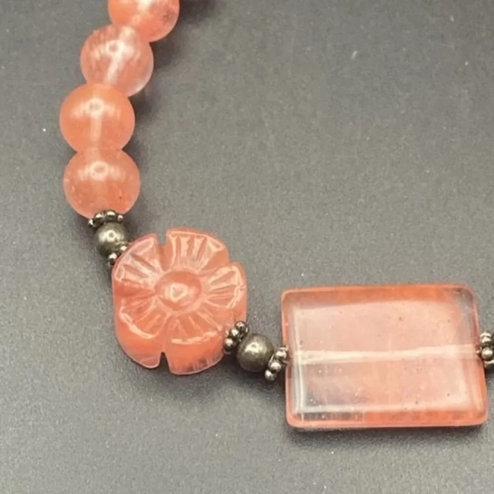 Strawberry Pink Quartz Bracelet Glass Flower Bead Sterling Silver Toggle 8" Boho - Picture 6 of 9